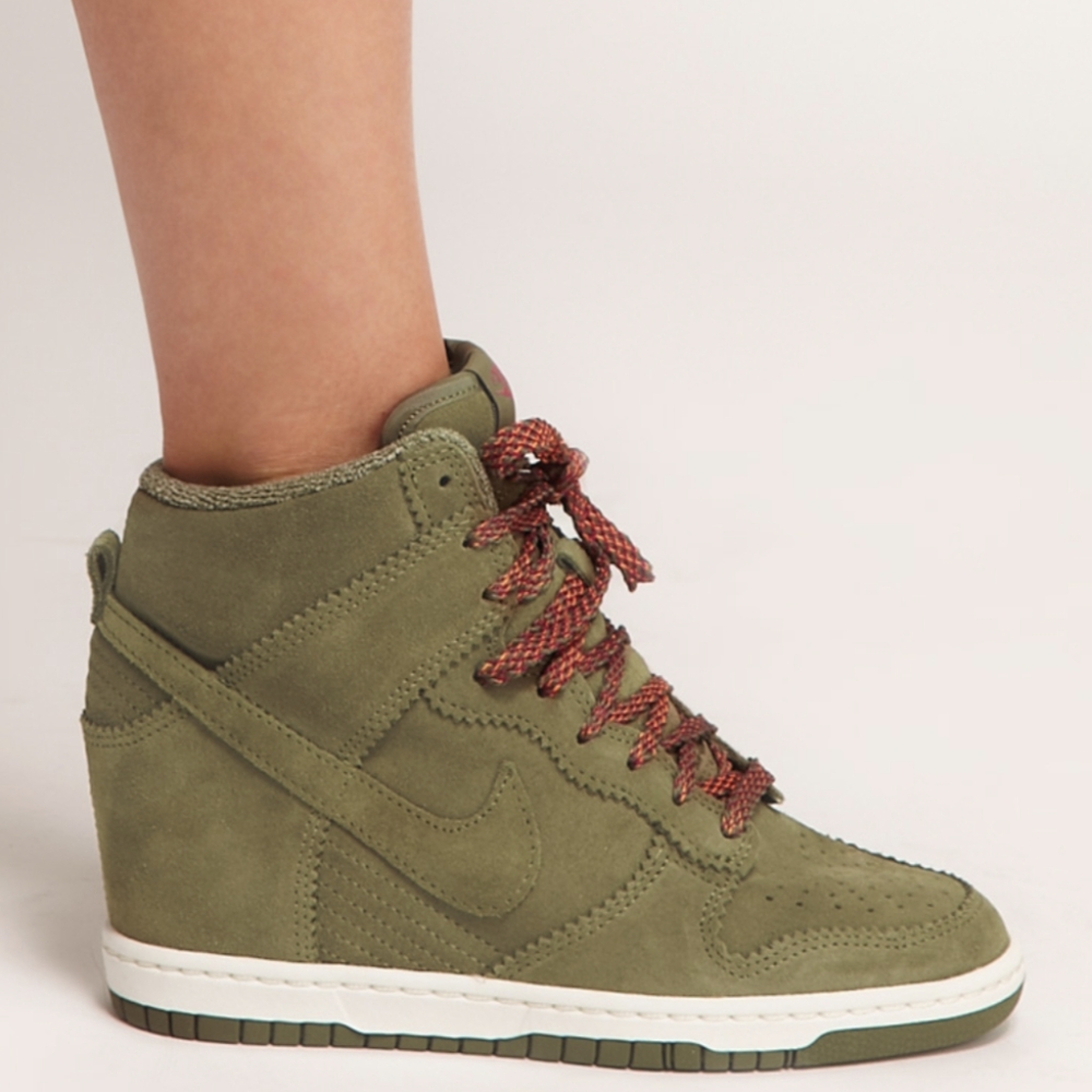 New Nike Sky Hi High Dunk Leather Wedge Shoes 'Medium Olive' Size 6